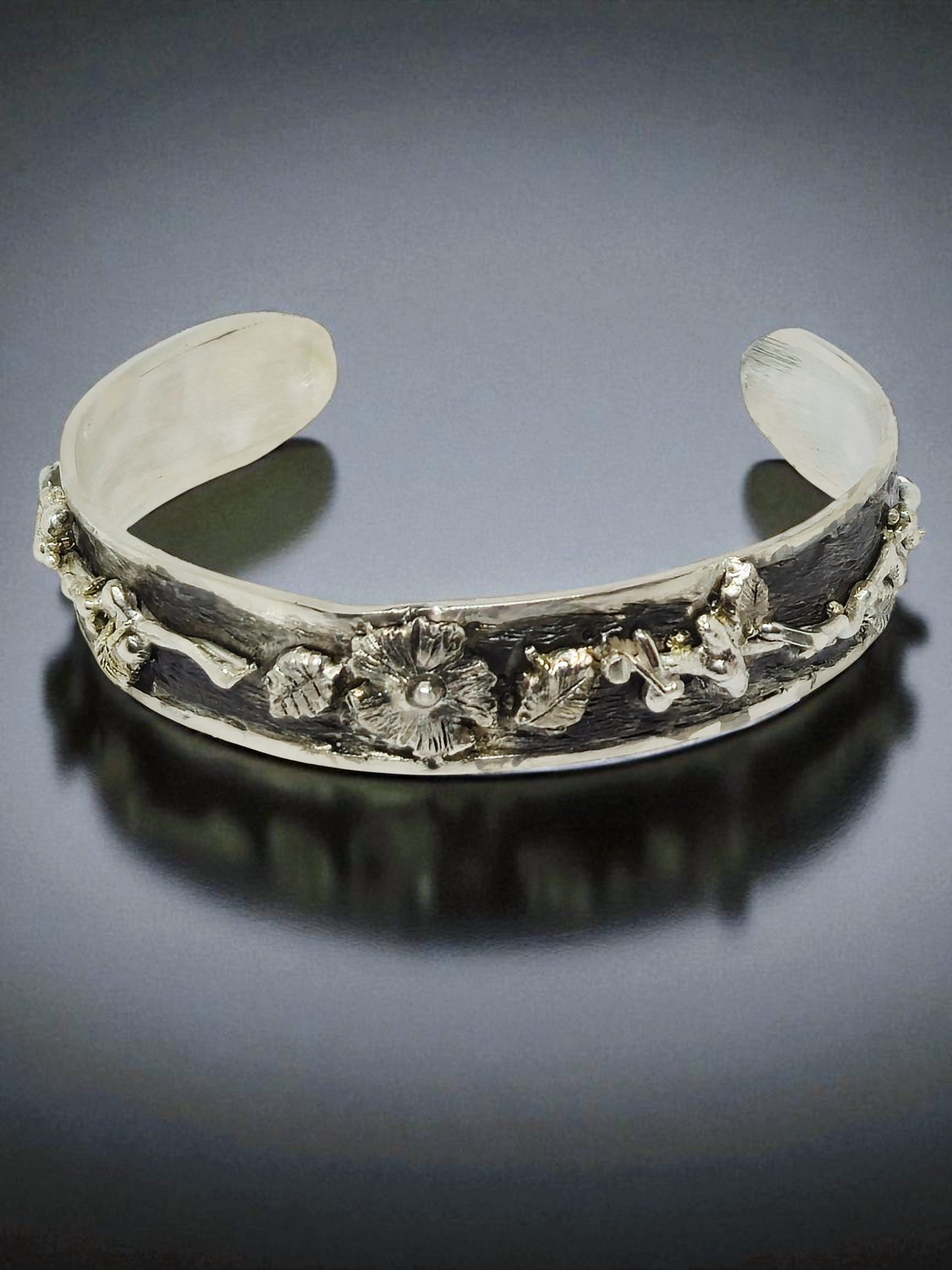 Branch, Leaf & Flower Sculpted Sterling Cuff